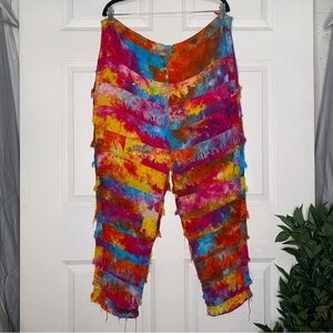 VTG Wild Rainbow Tie Dye Fringe Grommet Cotton Belly Dance Pants Made in India